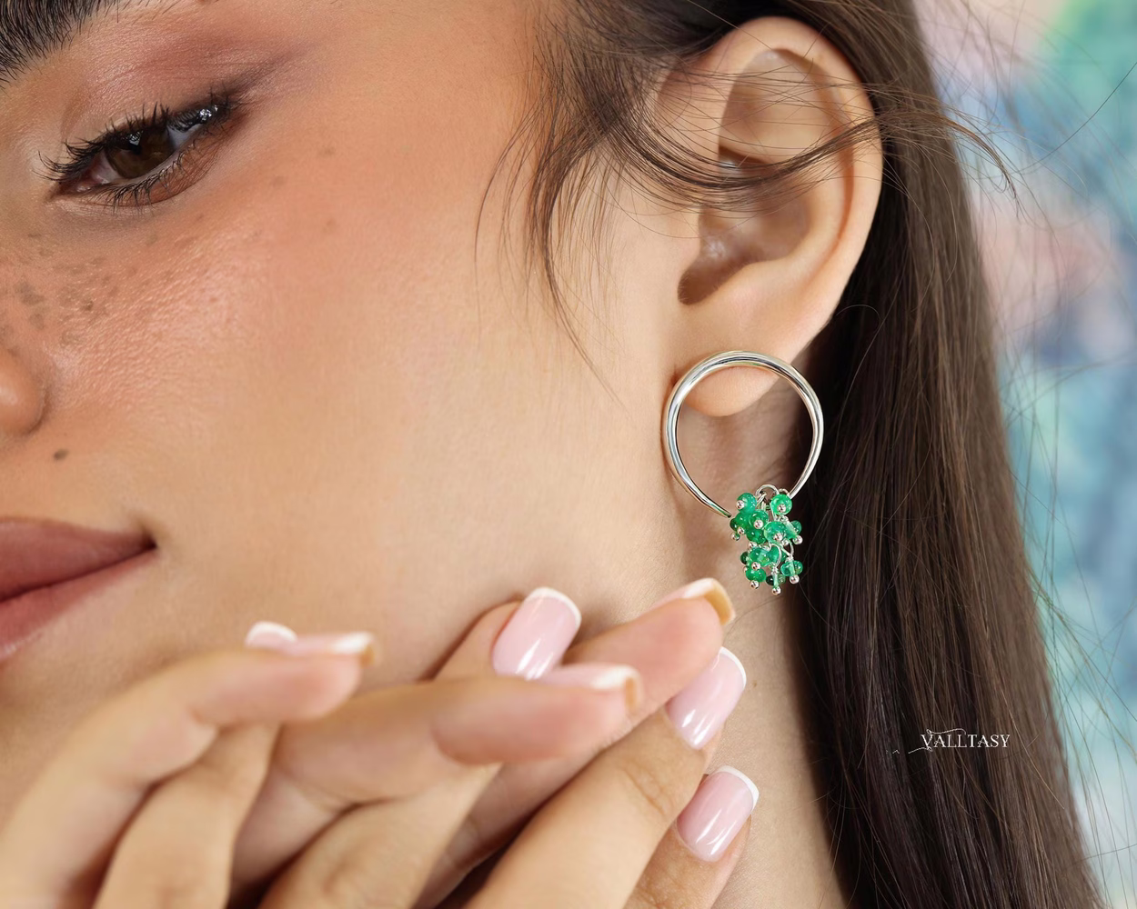 Emerald Hoop Earrings, Statement Dangle Earrings in Sterling Silver