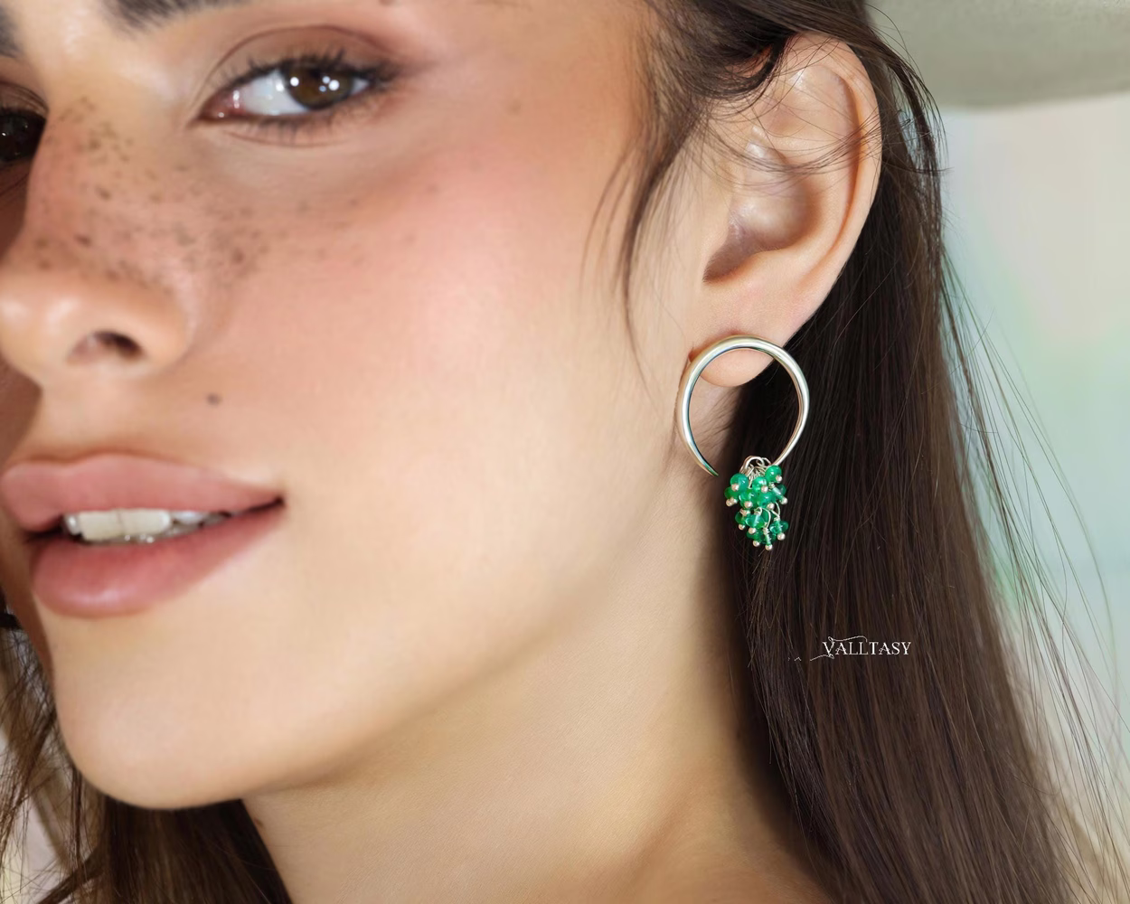 Emerald Hoop Earrings, Statement Dangle Earrings in Sterling Silver