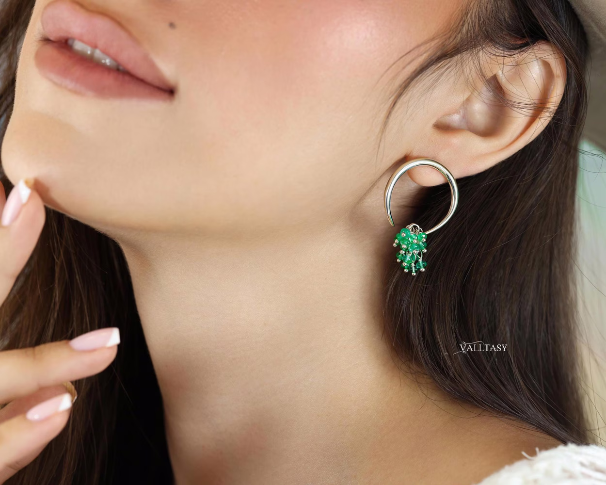 Emerald Hoop Earrings, Statement Dangle Earrings in Sterling Silver