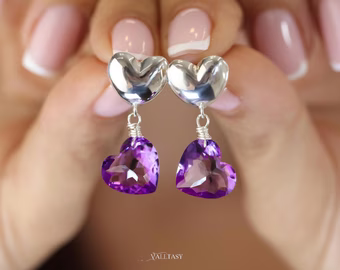 Hand-Sculpted Heart Earrings with Amethyst Hearts in Sterling Silver