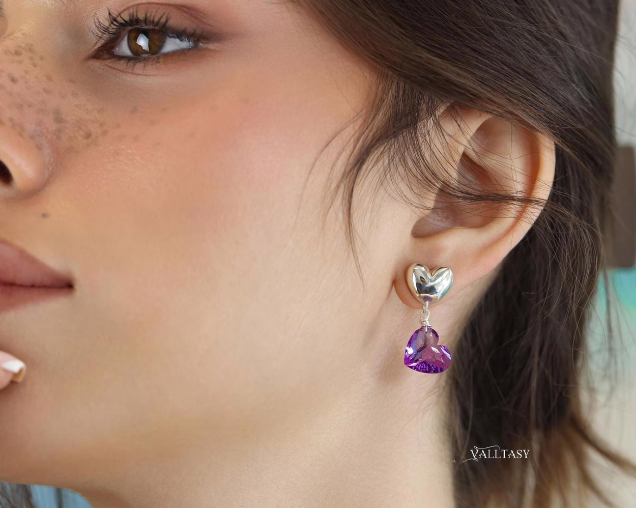 Hand-Sculpted Heart Earrings with Amethyst Hearts in Sterling Silver