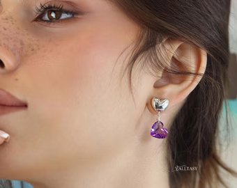 Hand-Sculpted Heart Earrings with Amethyst Hearts in Sterling Silver