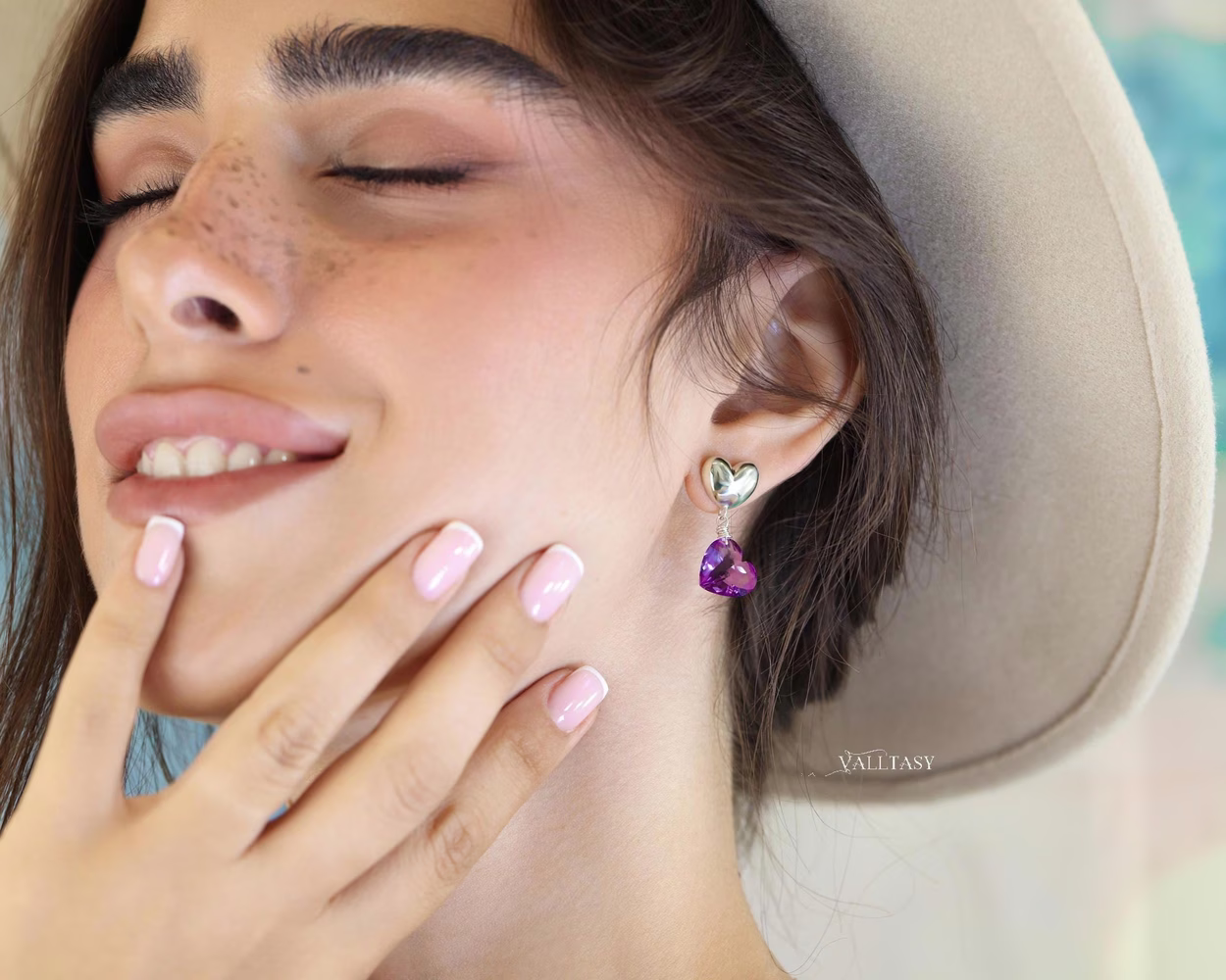 Hand-Sculpted Heart Earrings with Amethyst Hearts in Sterling Silver