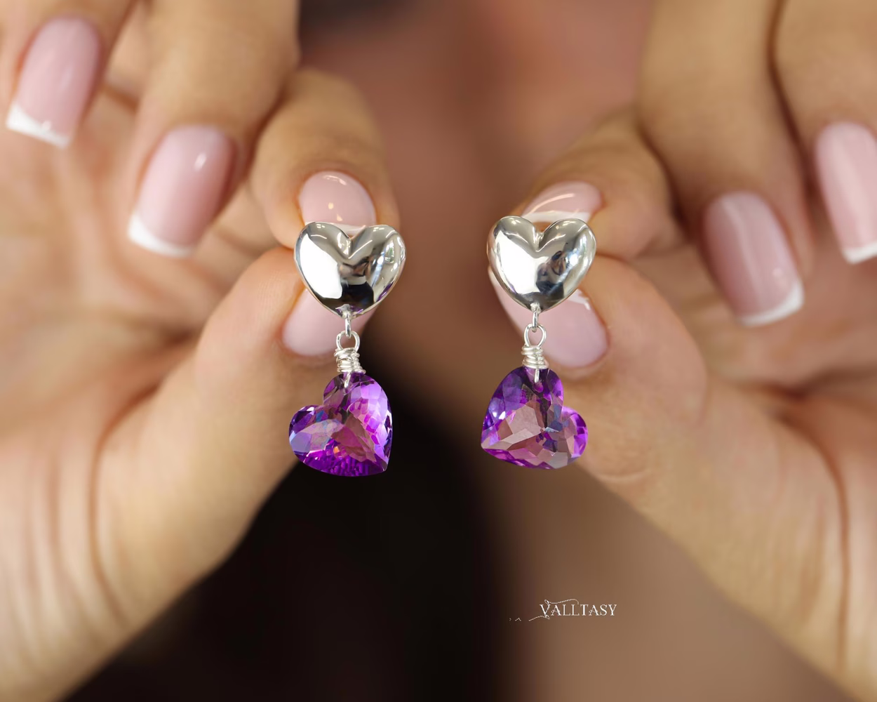 Hand-Sculpted Heart Earrings with Amethyst Hearts in Sterling Silver