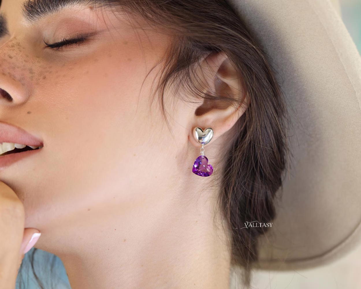 Hand-Sculpted Heart Earrings with Amethyst Hearts in Sterling Silver