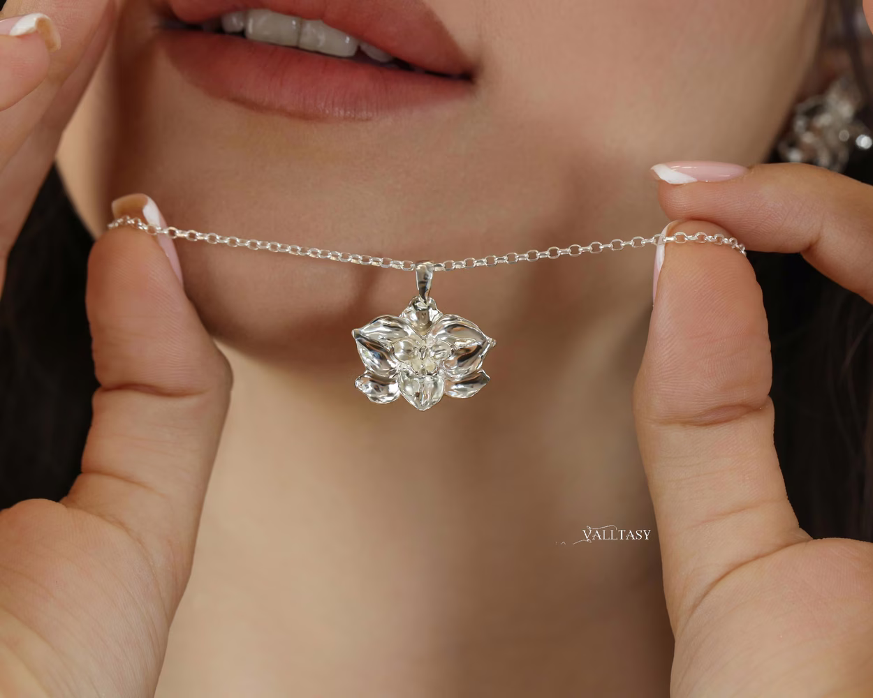 Orchid Flower Sterling Silver Pendant on a Chain, Sculptural Floral Charm