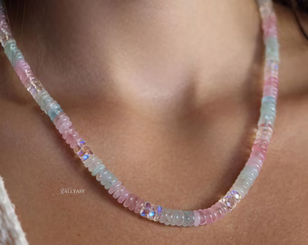 Pastel Moonstone Necklace with Rainbow Moonstone, Beaded Necklace with Aquamarine Morganite in Gold Filled