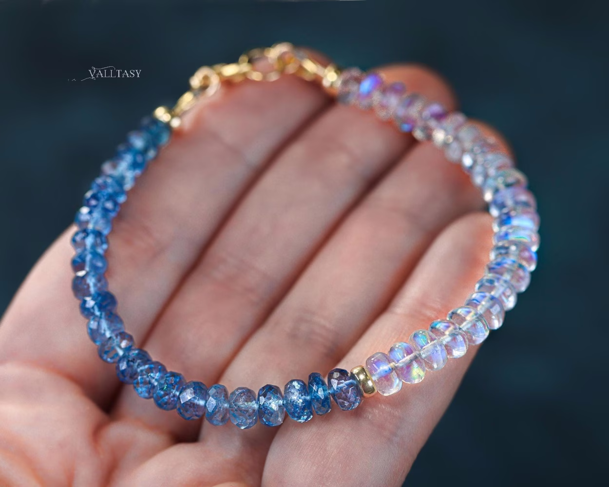 Santa Maria Aquamarine and Rainbow Moonstone Bracelet, Moonstone and Aquamarine Beaded Bracelet in Gold Filled
