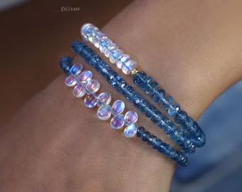 Santa Maria Aquamarine and Rainbow Moonstone Bracelet, Moonstone and Aquamarine Beaded Bracelet in Gold Filled