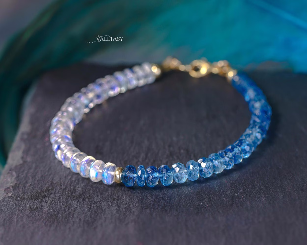 Santa Maria Aquamarine and Rainbow Moonstone Bracelet, Moonstone and Aquamarine Beaded Bracelet in Gold Filled
