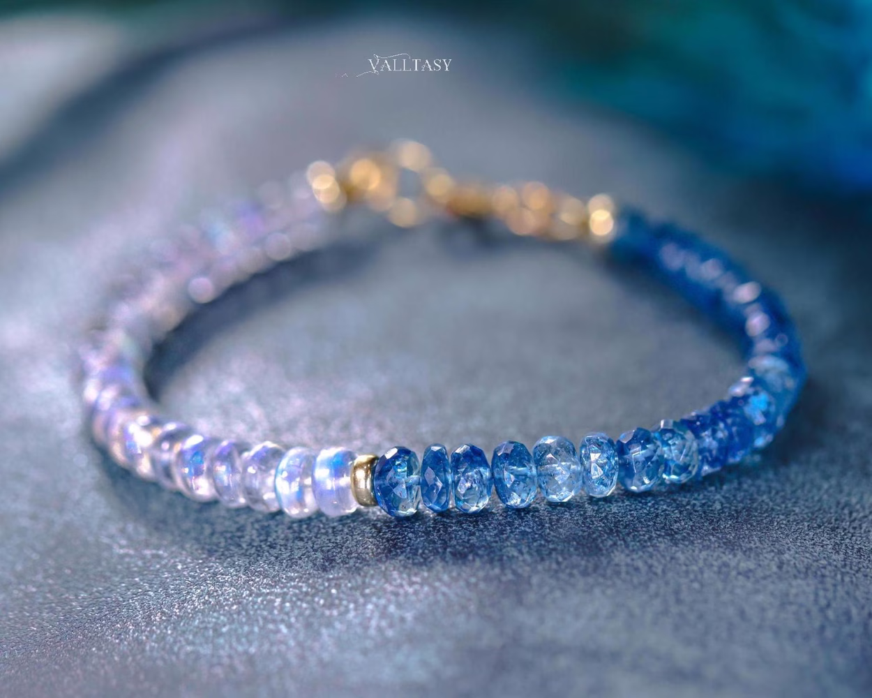 Santa Maria Aquamarine and Rainbow Moonstone Bracelet, Moonstone and Aquamarine Beaded Bracelet in Gold Filled