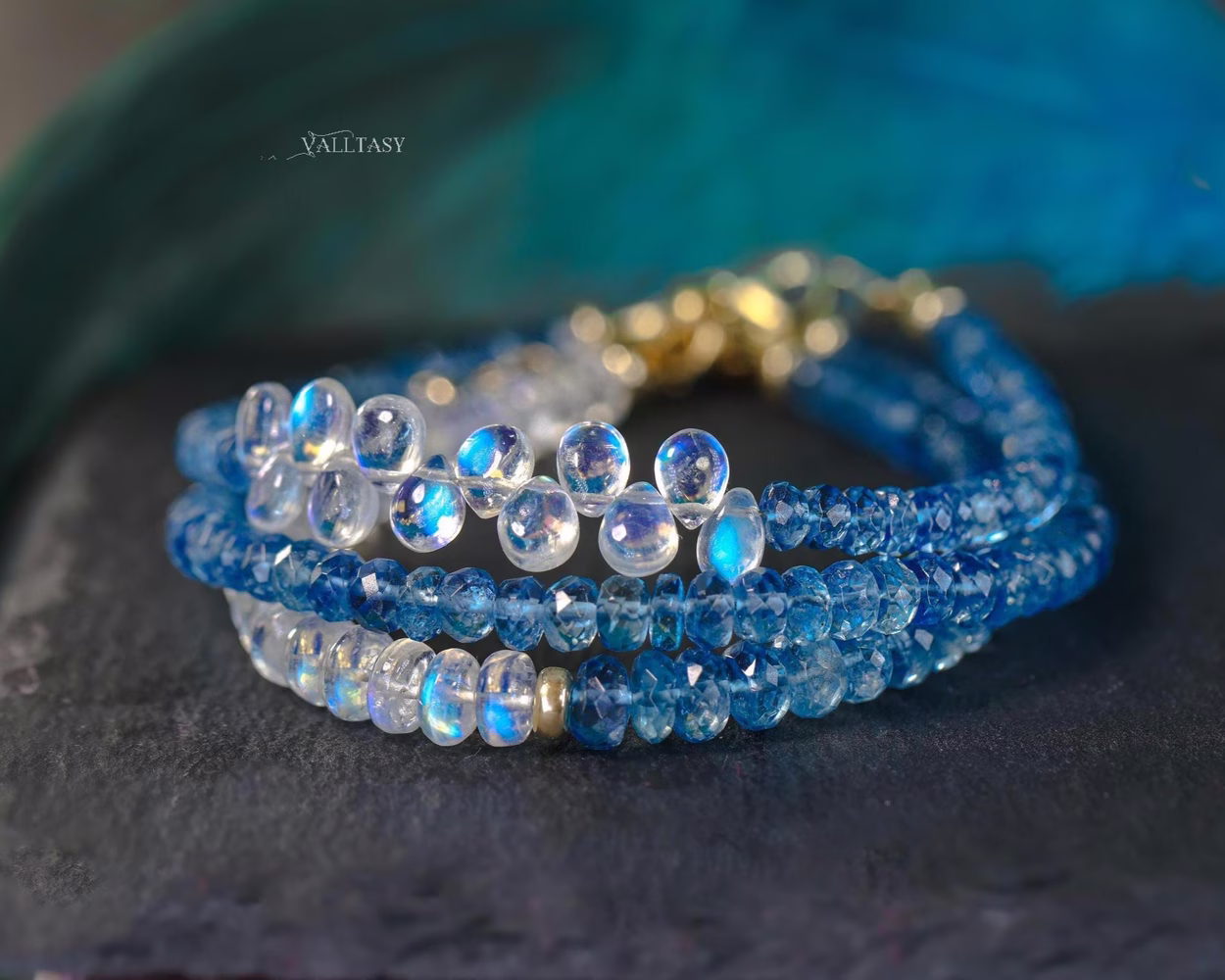 Santa Maria Aquamarine and Rainbow Moonstone Bracelet, Moonstone and Aquamarine Beaded Bracelet in Gold Filled