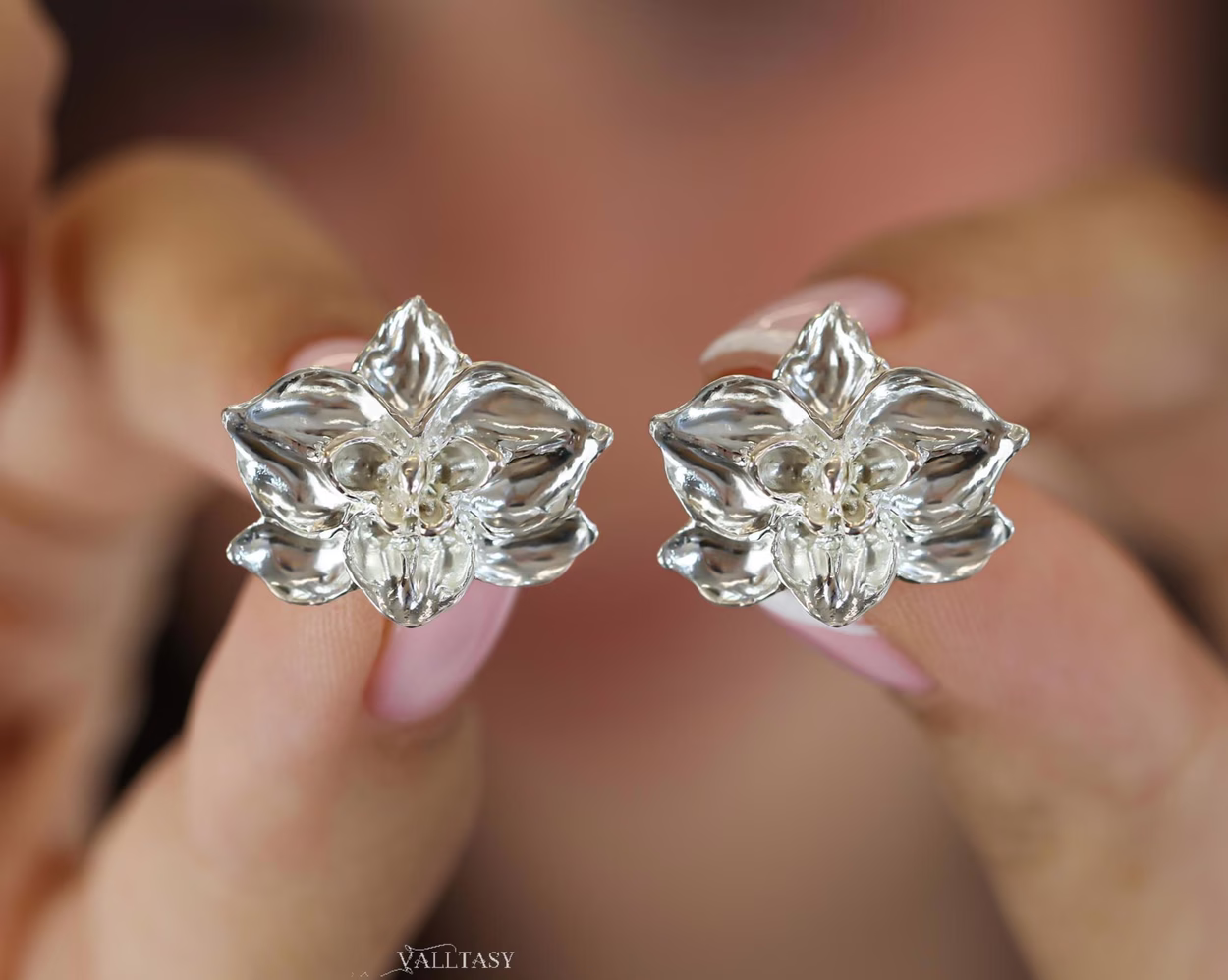 Sculptural Orchid Earrings, Floral Stud Earrings in Sterling Silver