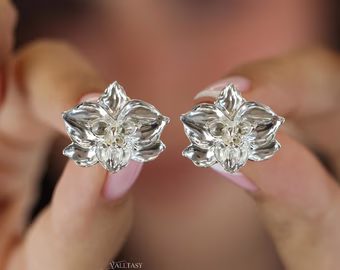 Sculptural Orchid Earrings, Floral Stud Earrings in Sterling Silver