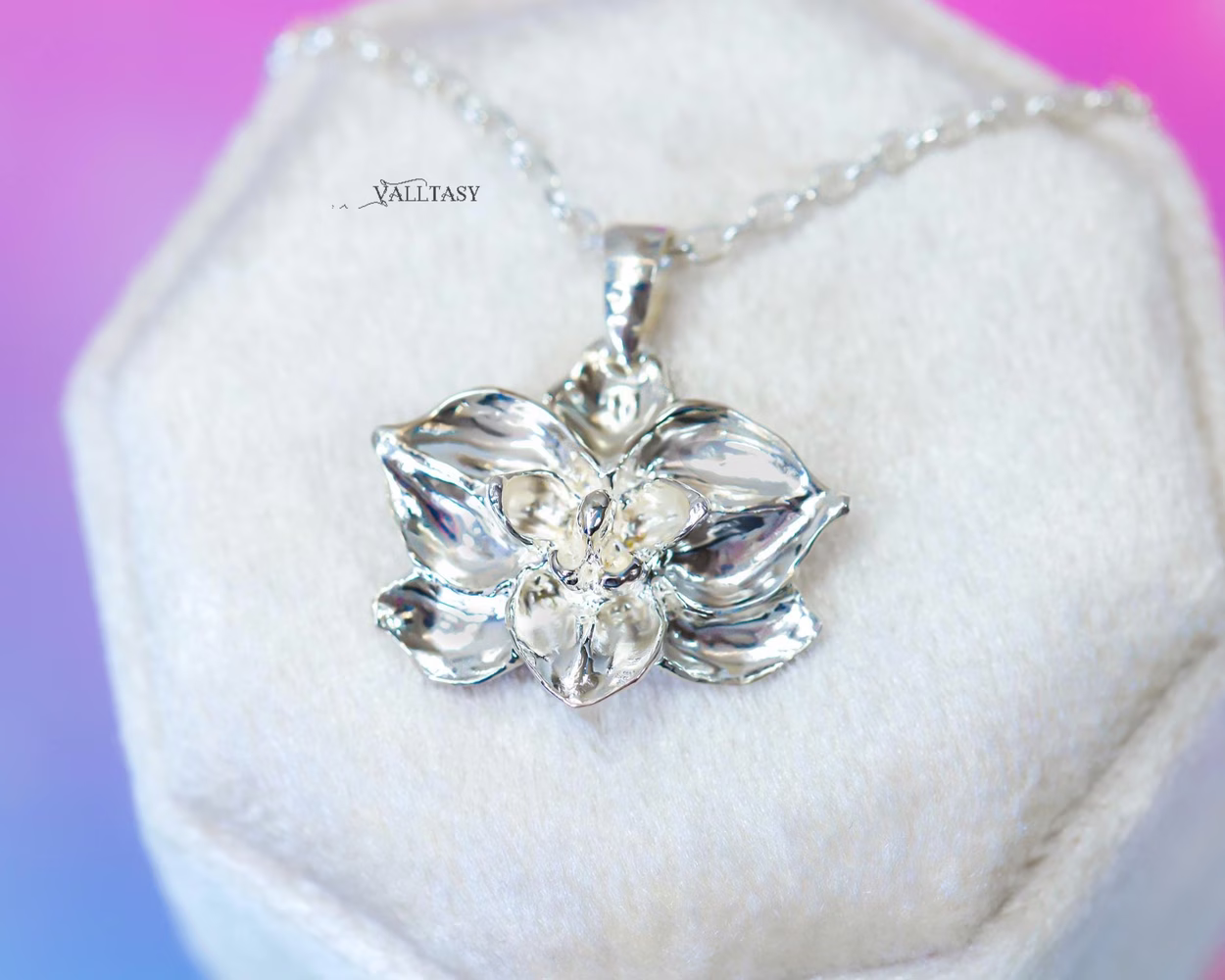 Orchid Flower Sterling Silver Pendant on a Chain, Sculptural Floral Charm