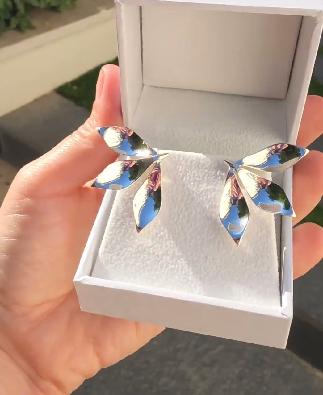 Sculptural Leaf Earrings, Floral Stud Earrings in Sterling Silver