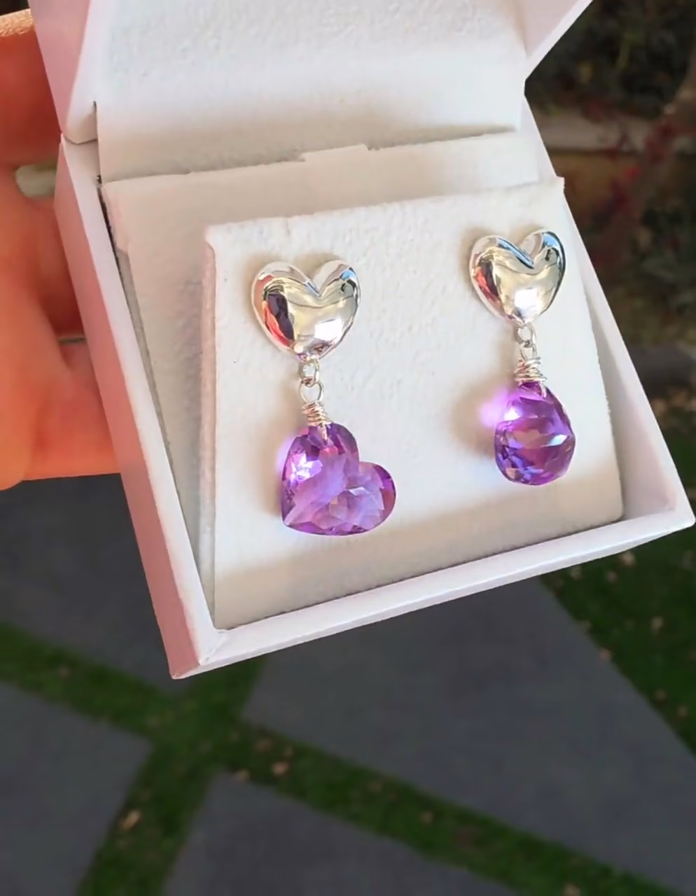 Hand-Sculpted Heart Earrings with Amethyst Hearts in Sterling Silver