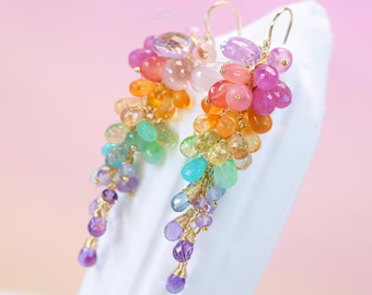 Rainbow Pastel Multi Gemstone Cluster Earrings in Gold Filled
