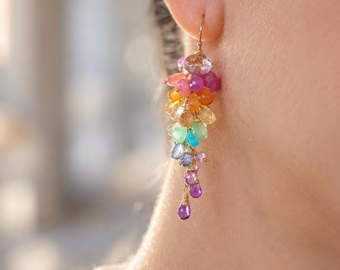 Rainbow Pastel Multi Gemstone Cluster Earrings in Gold Filled