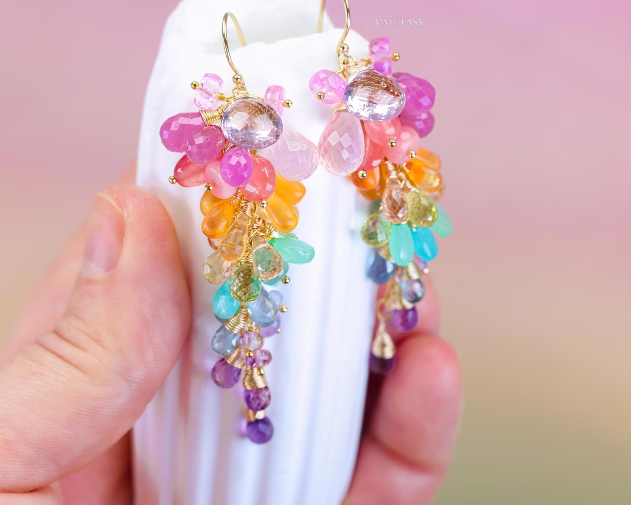 Rainbow Pastel Multi Gemstone Cluster Earrings in Gold Filled