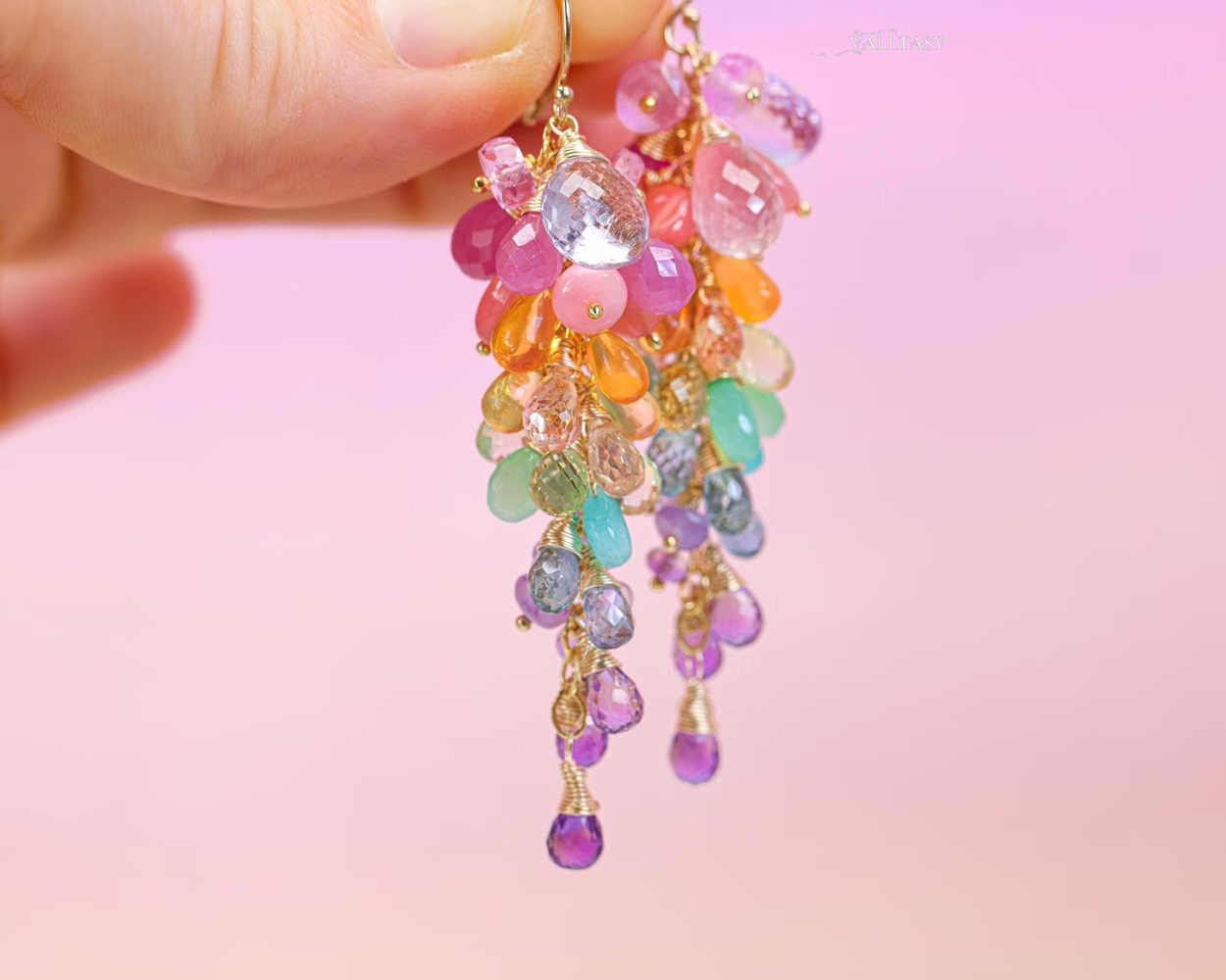Rainbow Pastel Multi Gemstone Cluster Earrings in Gold Filled
