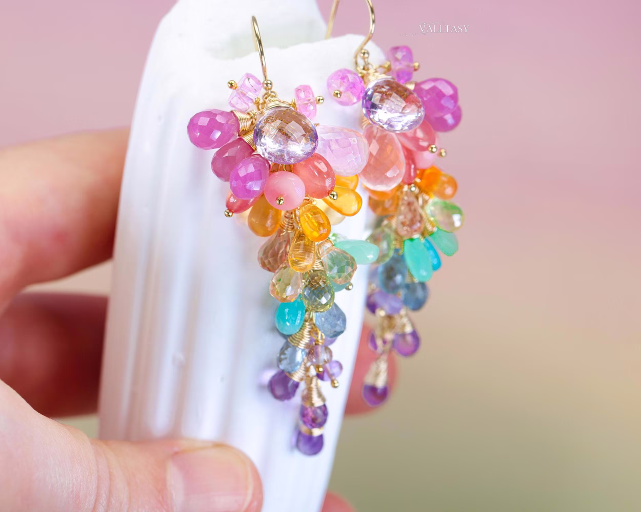Rainbow Pastel Multi Gemstone Cluster Earrings in Gold Filled