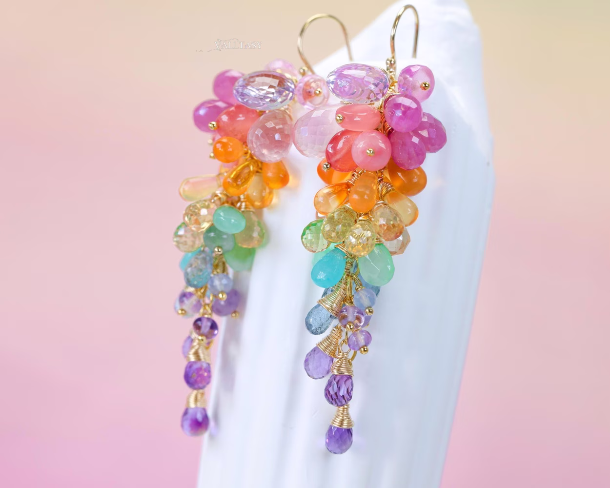 Rainbow Pastel Multi Gemstone Cluster Earrings in Gold Filled