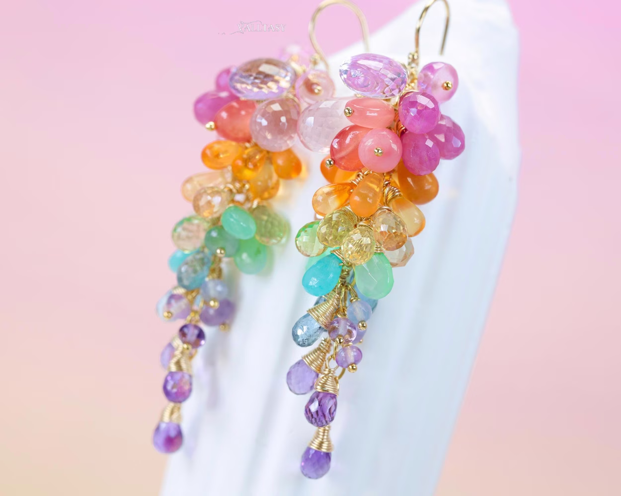 Rainbow Pastel Multi Gemstone Cluster Earrings in Gold Filled