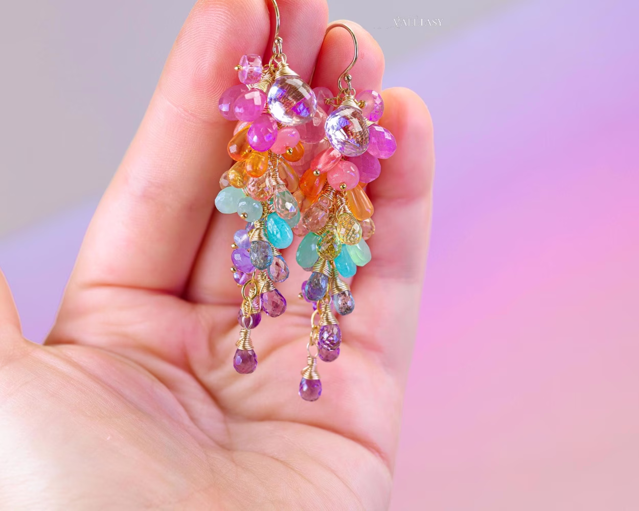 Rainbow Pastel Multi Gemstone Cluster Earrings in Gold Filled