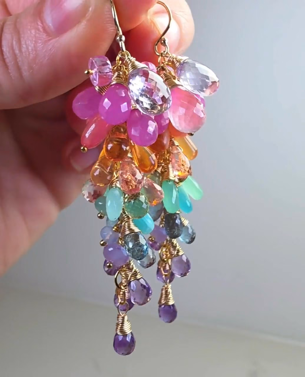 Rainbow Pastel Multi Gemstone Cluster Earrings in Gold Filled