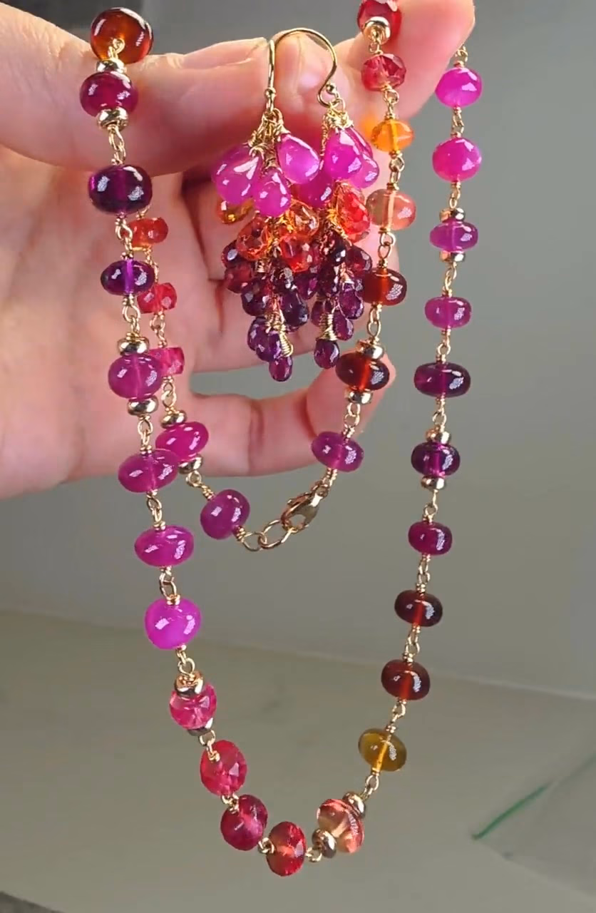 Solid Gold 14K Multi Gemstone Necklace Wire Wrapped in Gold, Gemmy Necklace, Colorful Multi Stone Necklace