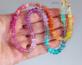 Solid Gold 14K Multi Gemstone Pastel Rainbow Beaded Necklace with a North Star Charm
