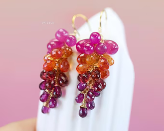 Sunset Gemstone Cluster Earrings, Sapphire Ruby Drop Earrings in Gold Filled