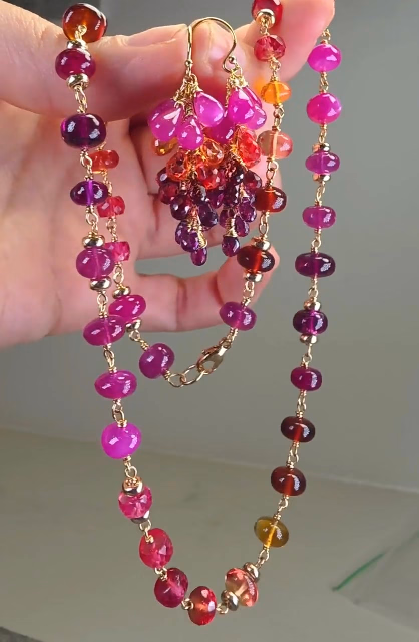 Sunset Gemstone Cluster Earrings, Sapphire Ruby Drop Earrings in Gold Filled